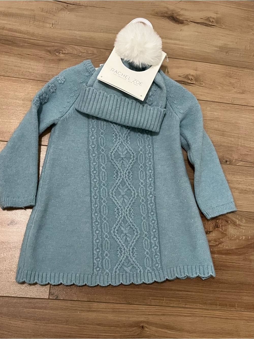 Rachel Zoe Girls' Light Blue Cable Knit Sweater Dress with Pom Hat